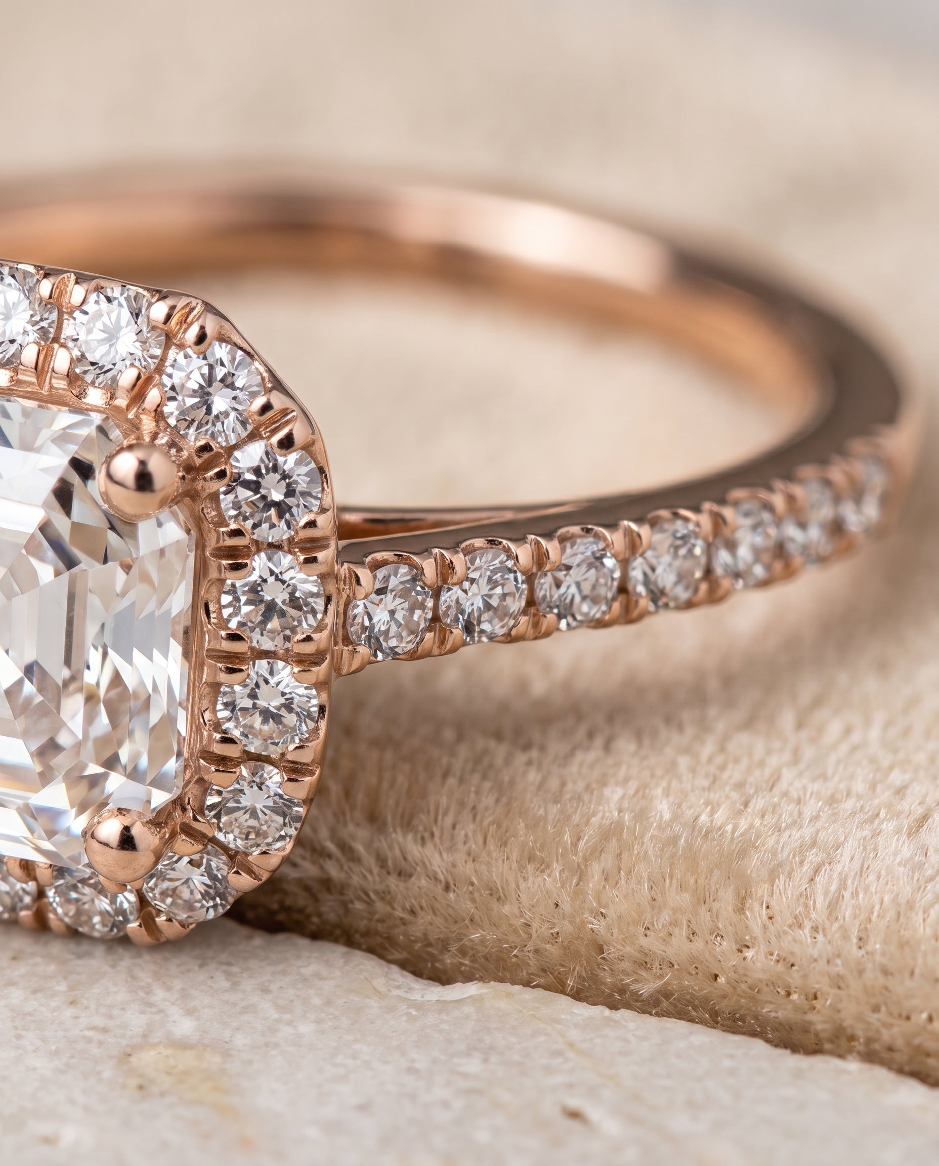 The Dylan Petite French Pavé Halo Asscher Cut Engagement Ring Setting in 14K Rose Gold