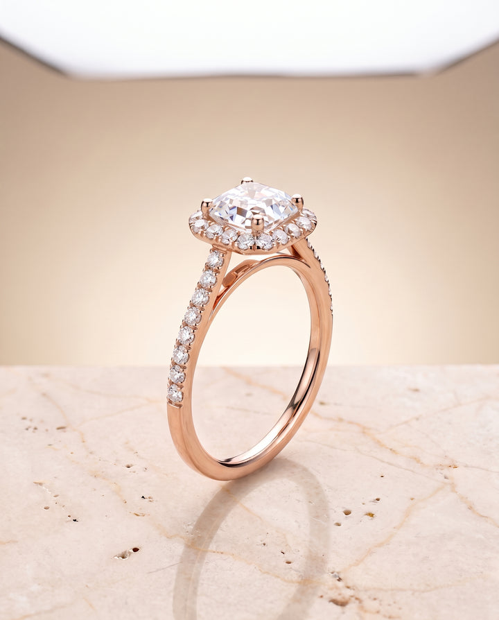The Dylan Petite French Pavé Halo Asscher Cut Engagement Ring Setting in 14K Rose Gold