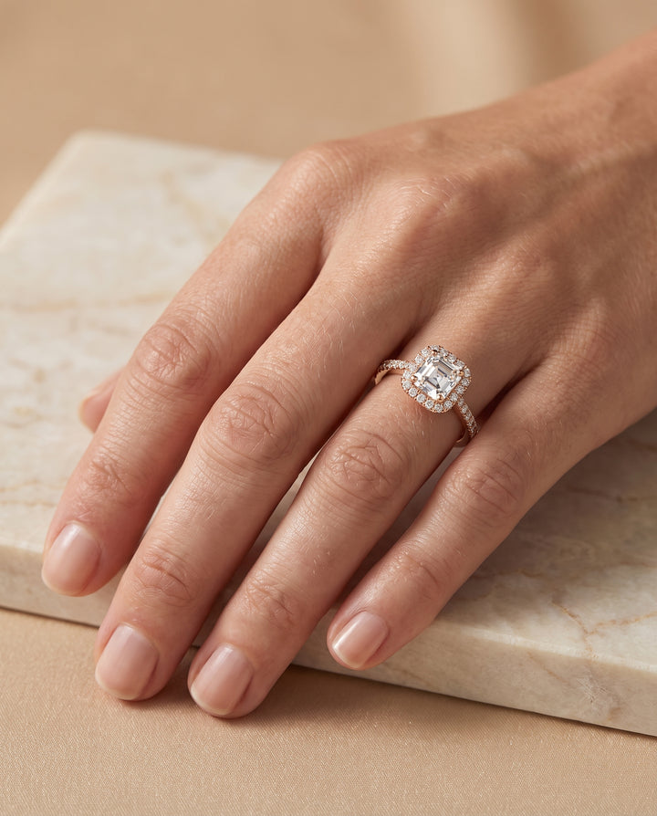 The Dylan Petite French Pavé Halo Asscher Cut Engagement Ring Setting in 14K Rose Gold