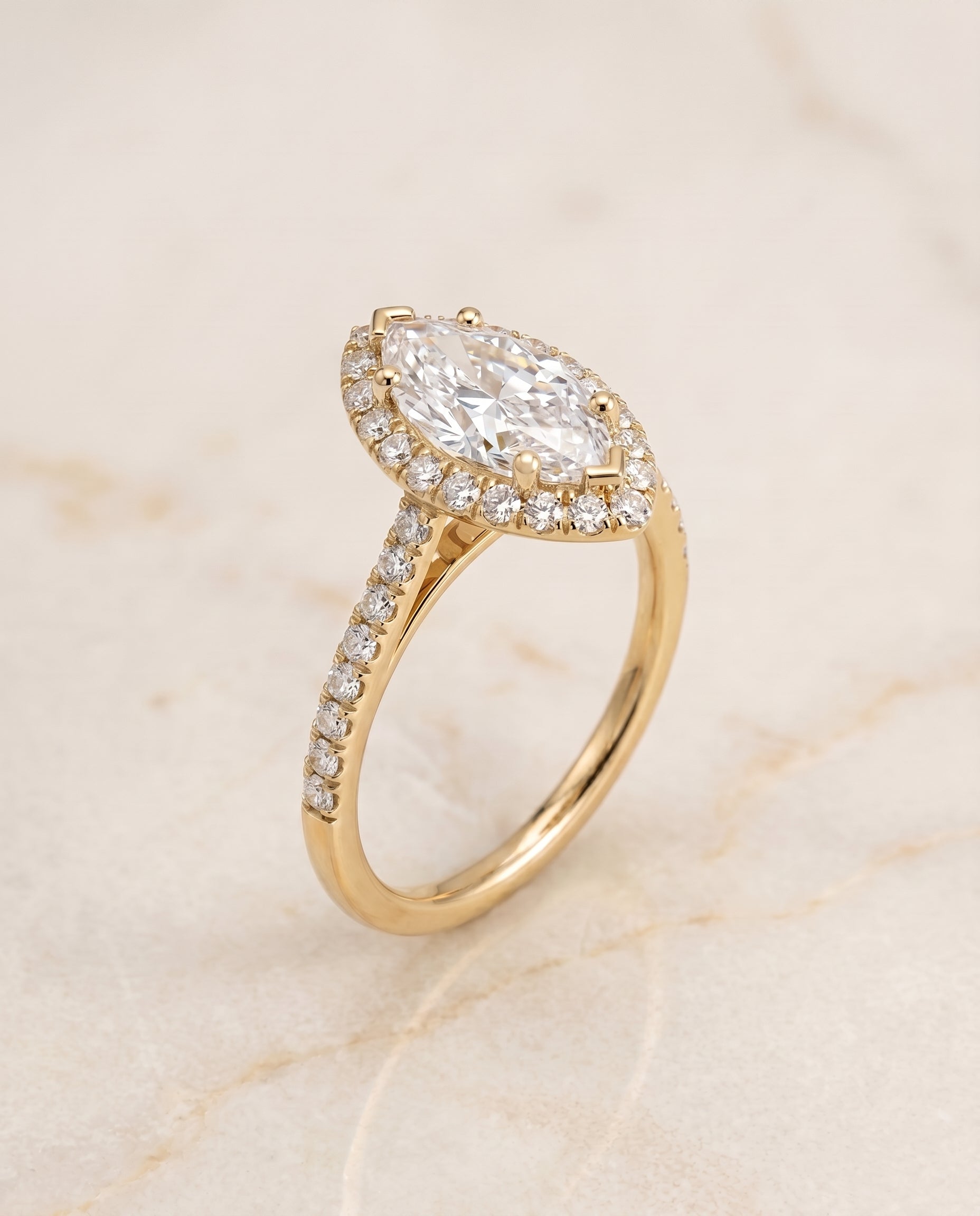 The Dylan petite french pavé halo engagement ring setting, shown in 18K Yellow Gold | RockHer