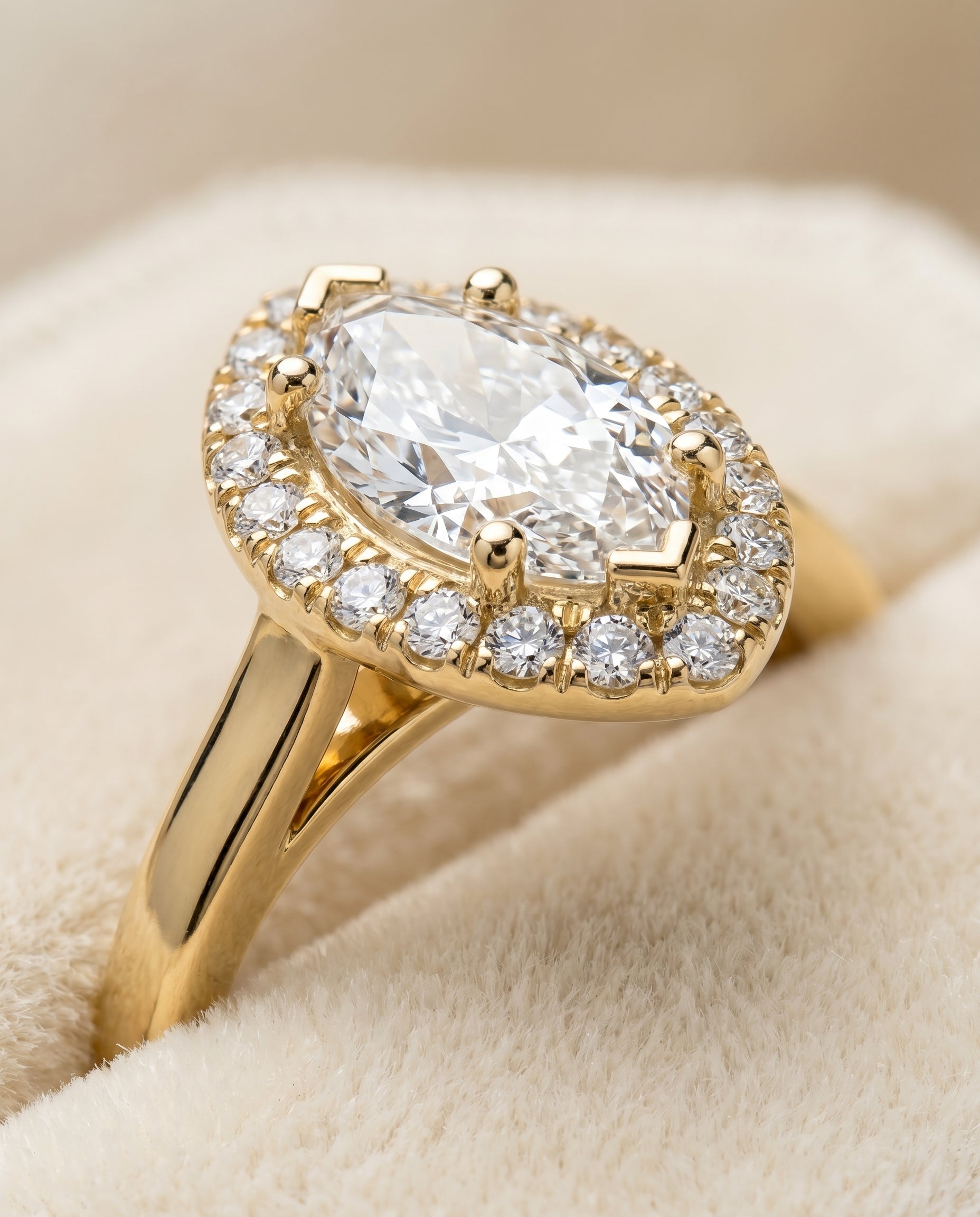 Dylan Select Petite French Pavé Halo Marquise Lab Diamond Engagement Ring in 18K Yellow Gold, detail view | RockHer