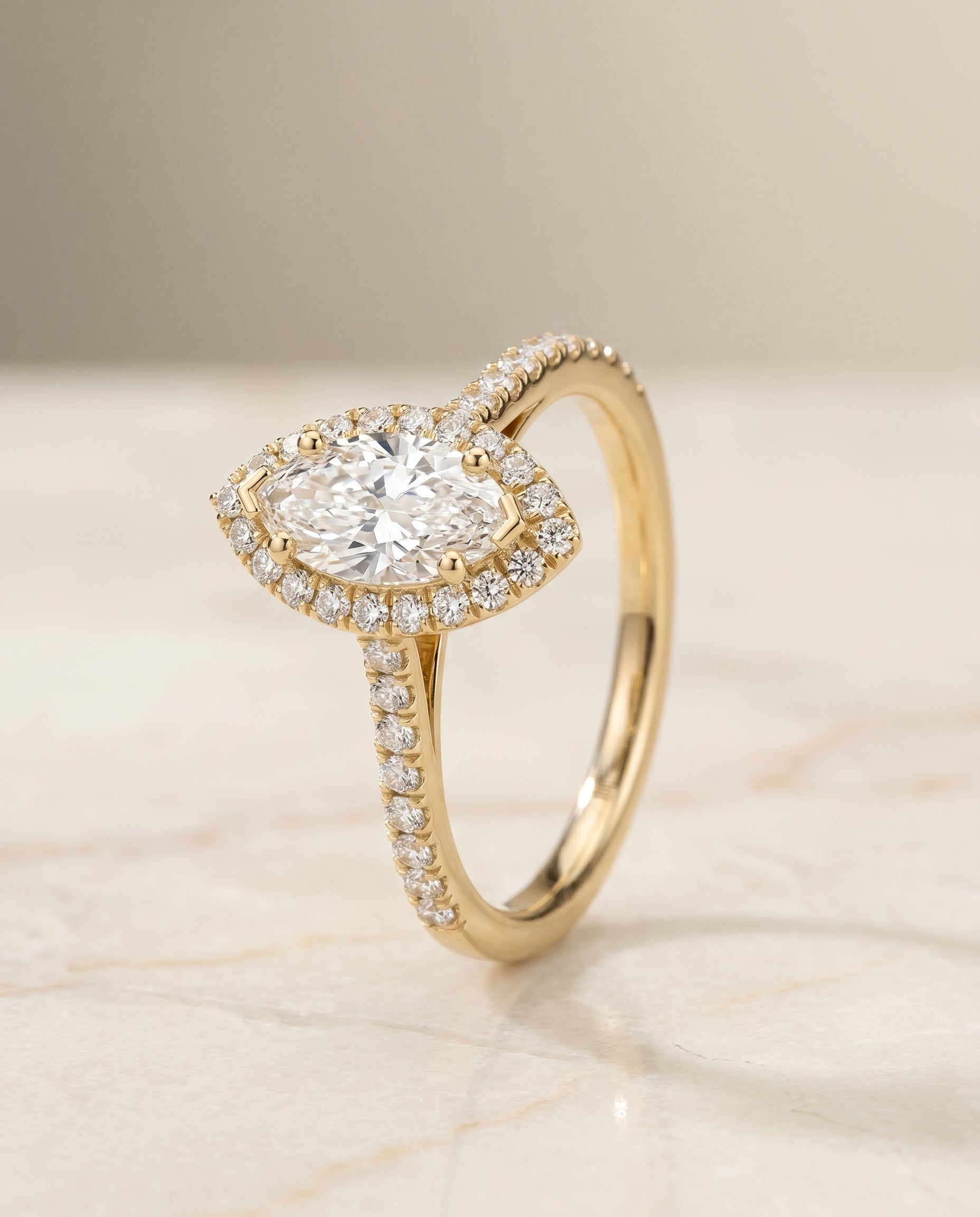 Dylan Select Petite French Pavé Halo Marquise Lab Diamond Engagement Ring in 18K Yellow Gold, front view | RockHer