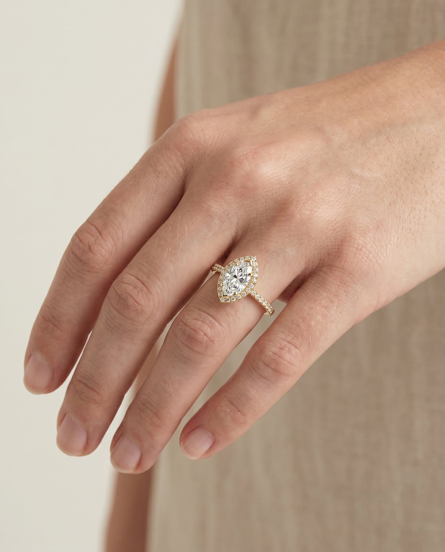 The Dylan Pavé Halo Engagement Ring Setting for Marquise Diamonds in 18K Yellow Gold