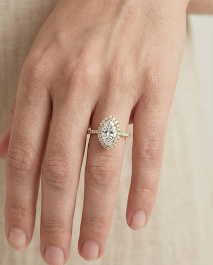 Dylan Select Petite French Pavé Halo Marquise Lab Diamond Engagement Ring in 14K Yellow Gold, shown on hand | RockHer