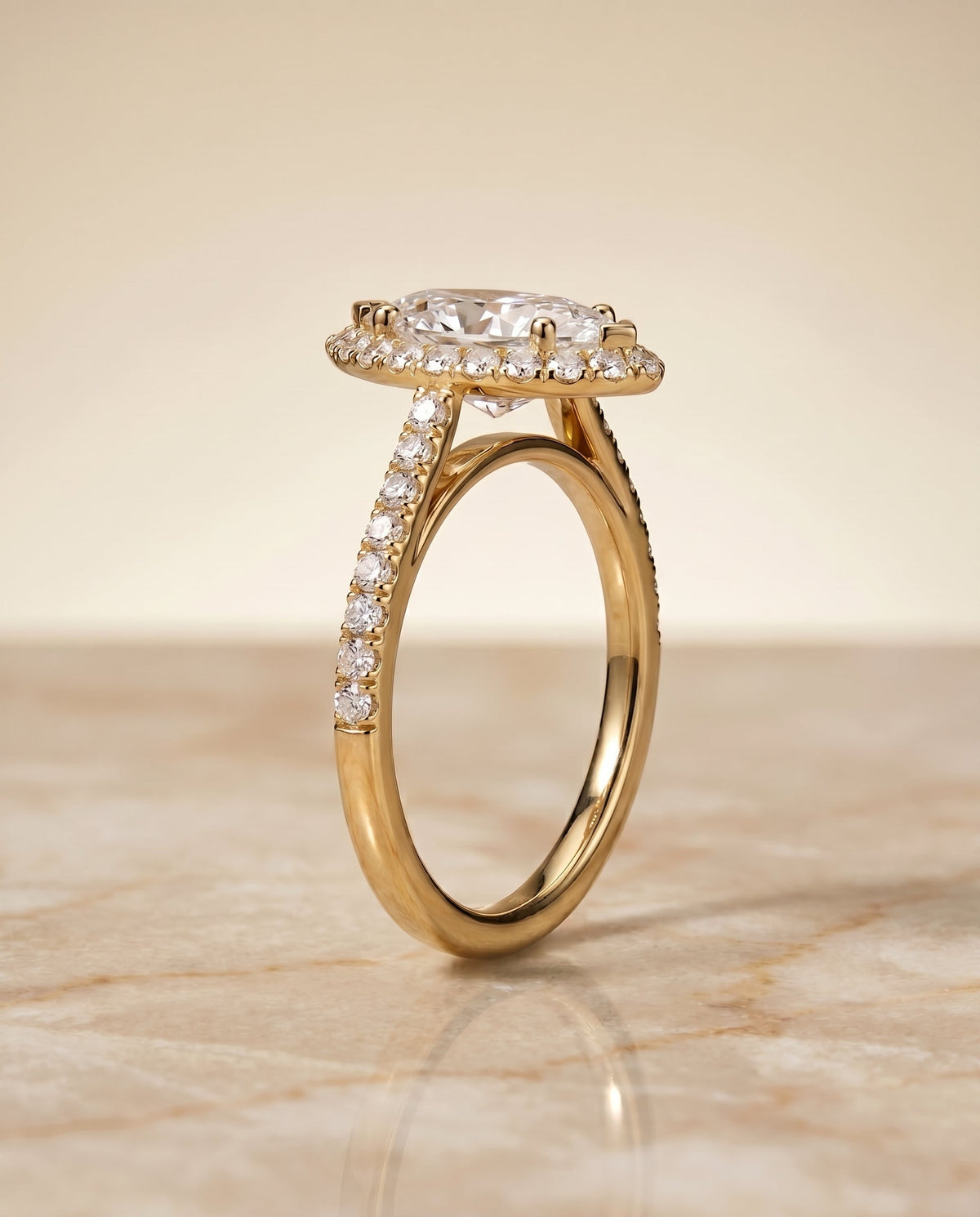Dylan Select Petite French Pavé Halo Marquise Lab Diamond Engagement Ring in 18K Yellow Gold, side view | RockHer