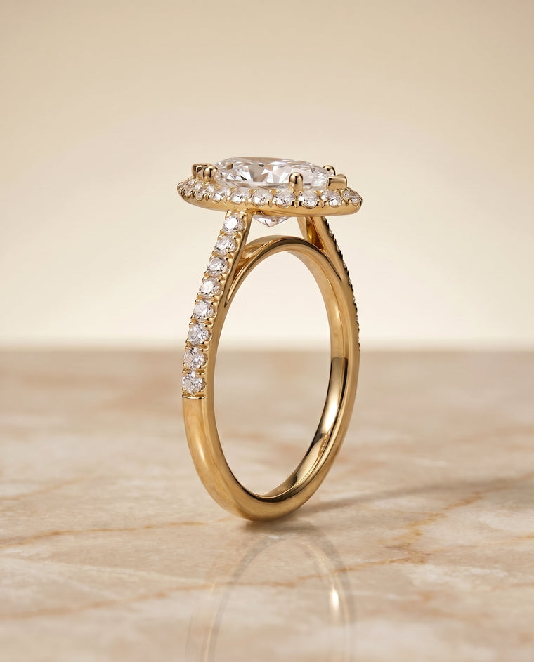 The Dylan Select Petite French Pavé Halo Marquise Lab Diamond Engagement Ring in 18K Yellow Gold