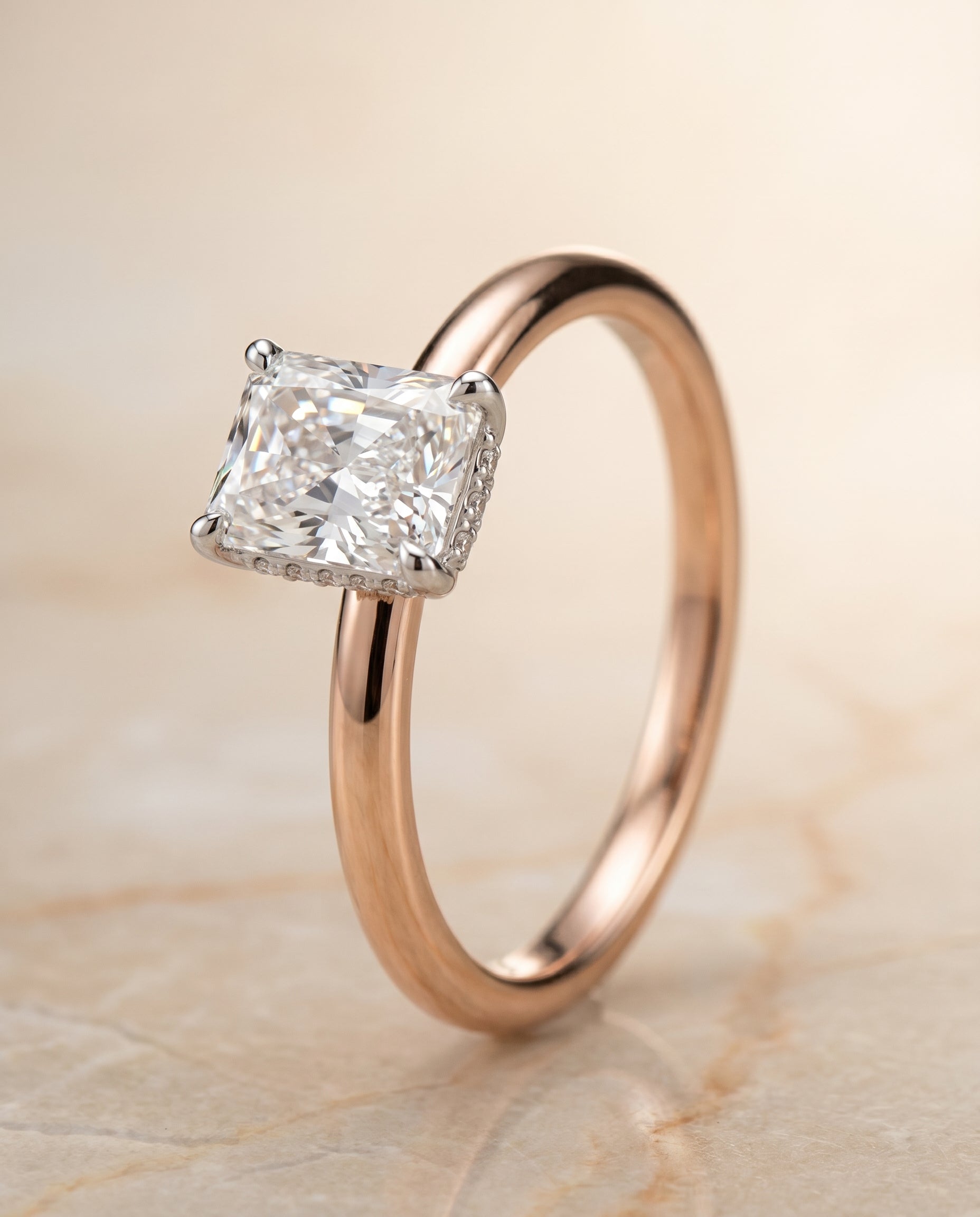 Upper Hidden Halo Solitaire Cut styling on The Eartha radiant engagement ring setting | RockHer