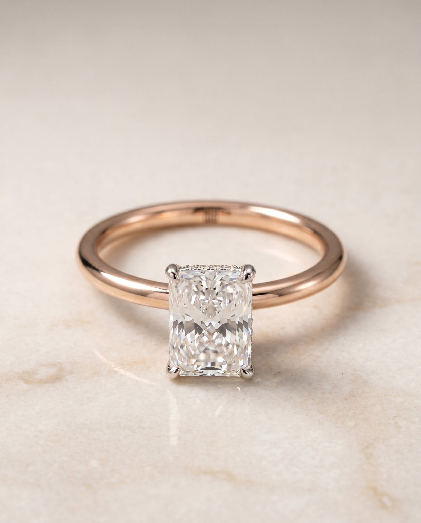 The Eartha Upper Hidden Halo Solitaire Radiant Cut Engagement Ring Setting in 14K Rose Gold
