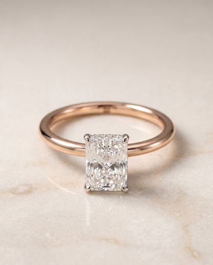 The Eartha Upper Hidden Halo Solitaire Radiant Cut Engagement Ring Setting in 14K Rose Gold