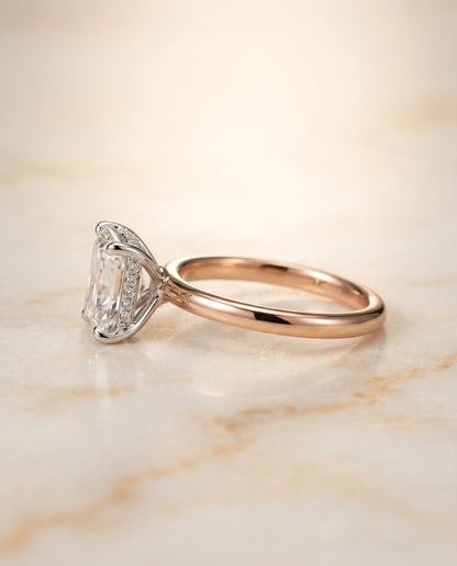 The Eartha Upper Hidden Halo Solitaire Radiant Cut Engagement Ring Setting in 14K Rose Gold