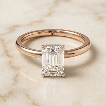 The Eartha Upper Hidden Halo Solitaire Emerald Cut Engagement Ring Setting in 14K Rose Gold