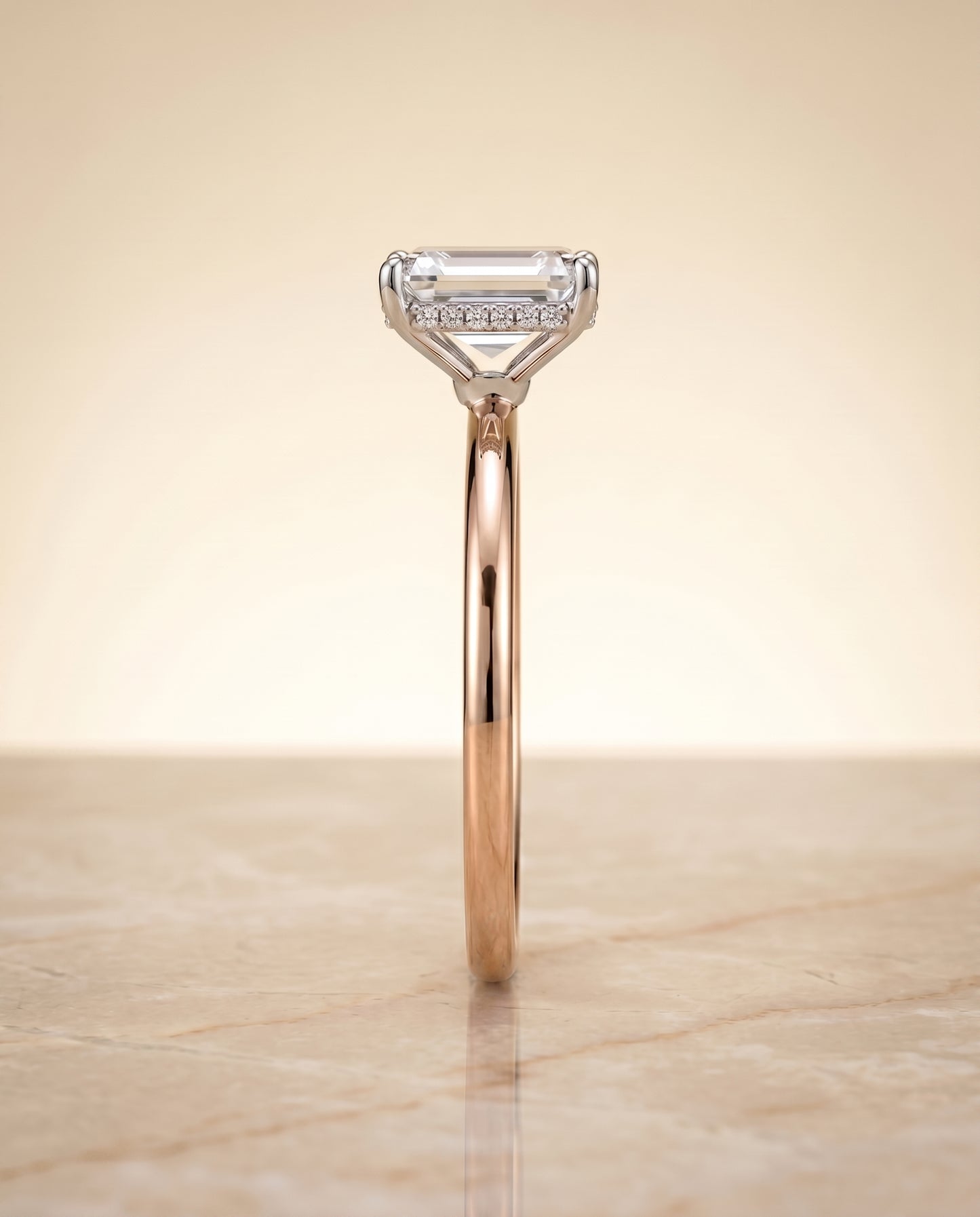The Eartha Upper Hidden Halo Solitaire Emerald Cut Engagement Ring Setting in 14K Rose Gold