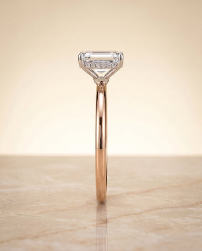 The Eartha Upper Hidden Halo Solitaire Emerald Cut Engagement Ring Setting in 14K Rose Gold