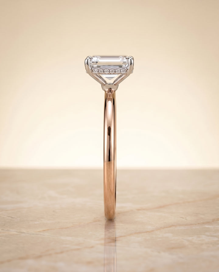 The Eartha Upper Hidden Halo Solitaire Emerald Cut Engagement Ring Setting in 14K Rose Gold