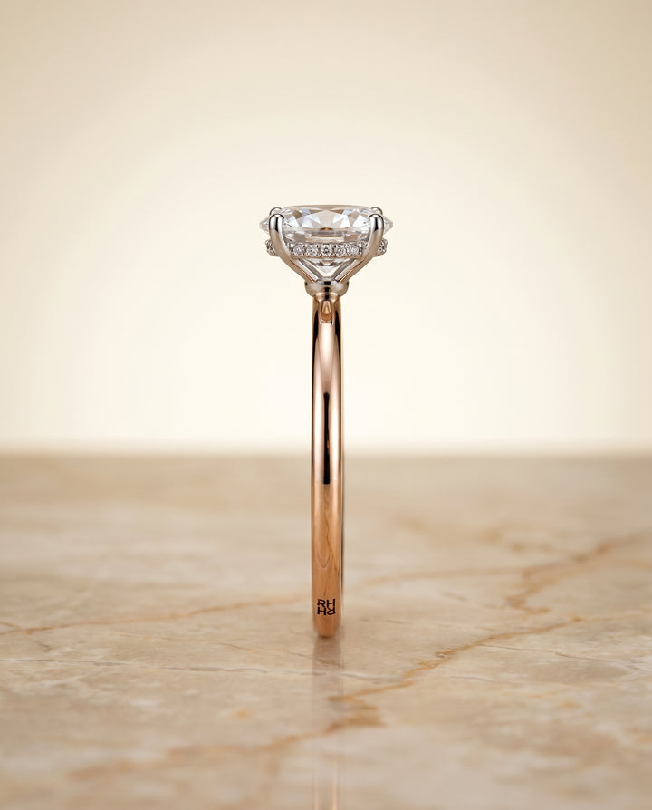 The Eartha Hidden Halo Engagement Ring Setting for Oval Diamonds in 14K Rose Gold