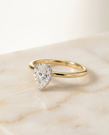Eartha Select Hidden Halo Princess Cut Lab Diamond Engagement Ring in 18K Yellow Gold, shown on hand, angled | RockHer