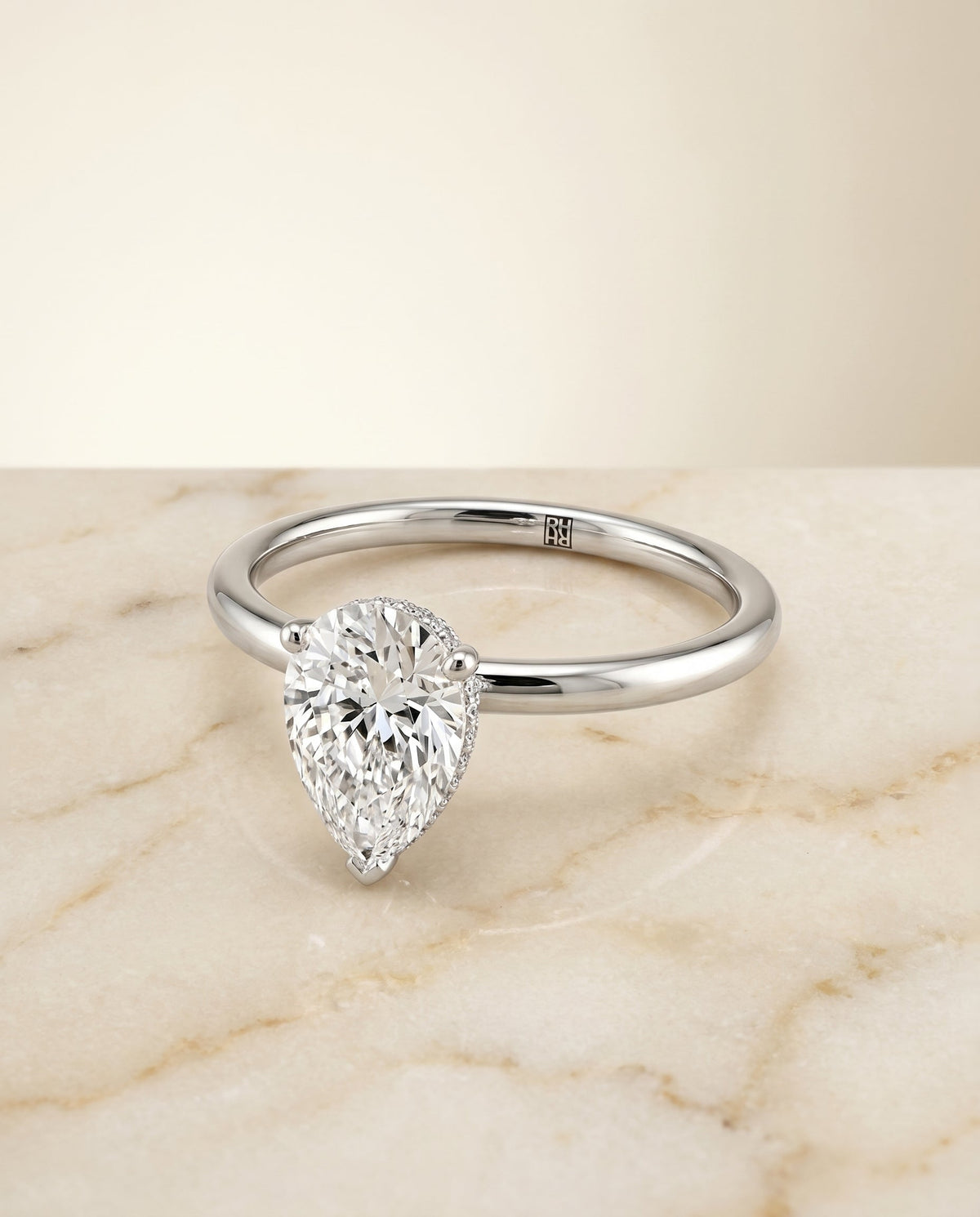 Eartha Select Hidden Halo Princess Cut Lab Diamond Engagement Ring in 18K White Gold, shown on hand, angled | RockHer