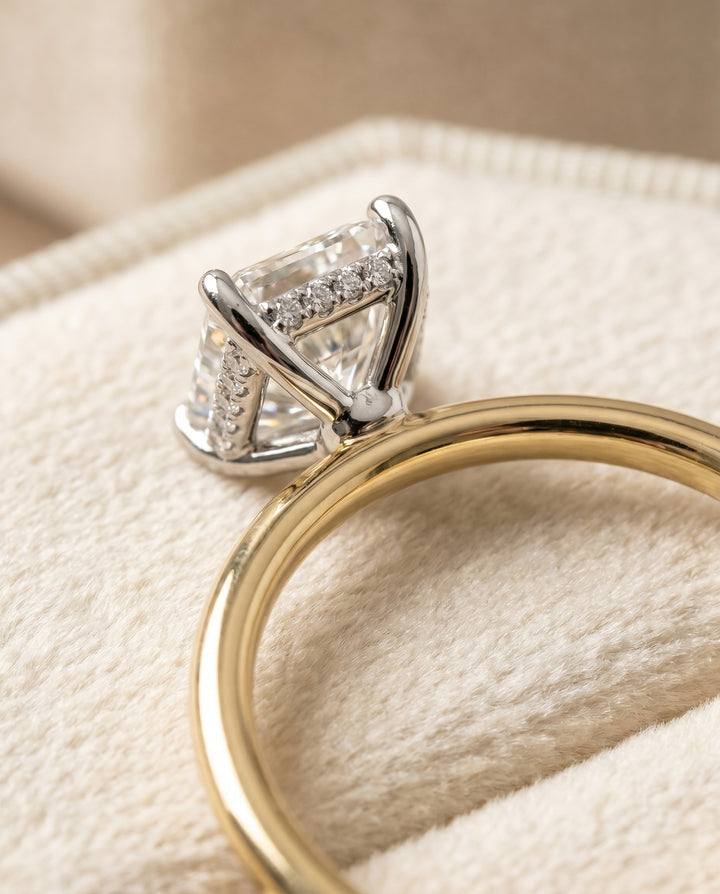 The Eartha Upper Hidden Halo Solitaire Radiant Cut Engagement Ring Setting in 18K Yellow Gold