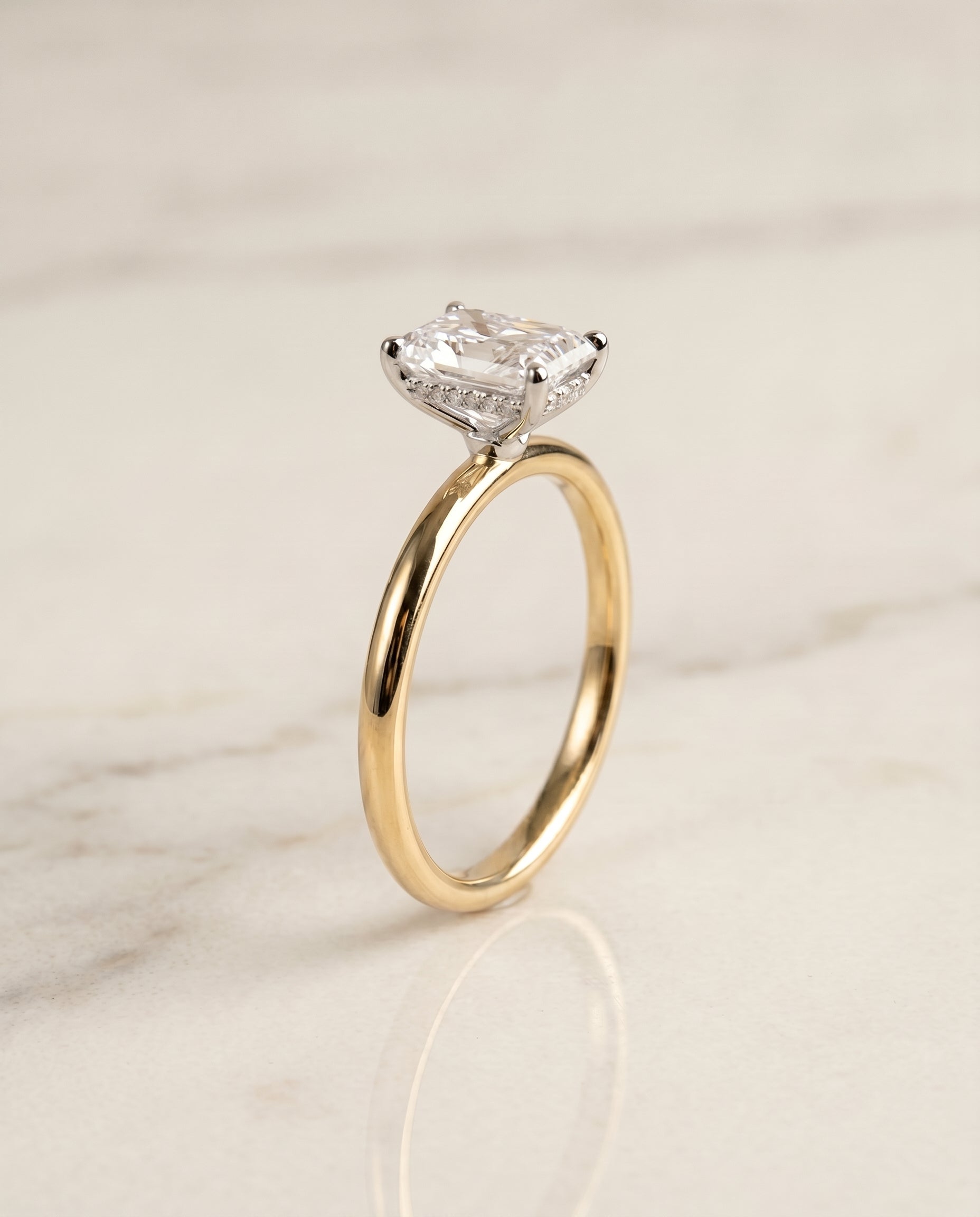 Eartha Select Upper Hidden Halo Solitaire Radiant Cut Lab Diamond Engagement Ring in 18K Yellow Gold, front view | RockHer