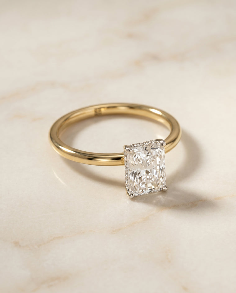 The Eartha Upper Hidden Halo Solitaire Radiant Cut Engagement Ring Setting in 18K Yellow Gold