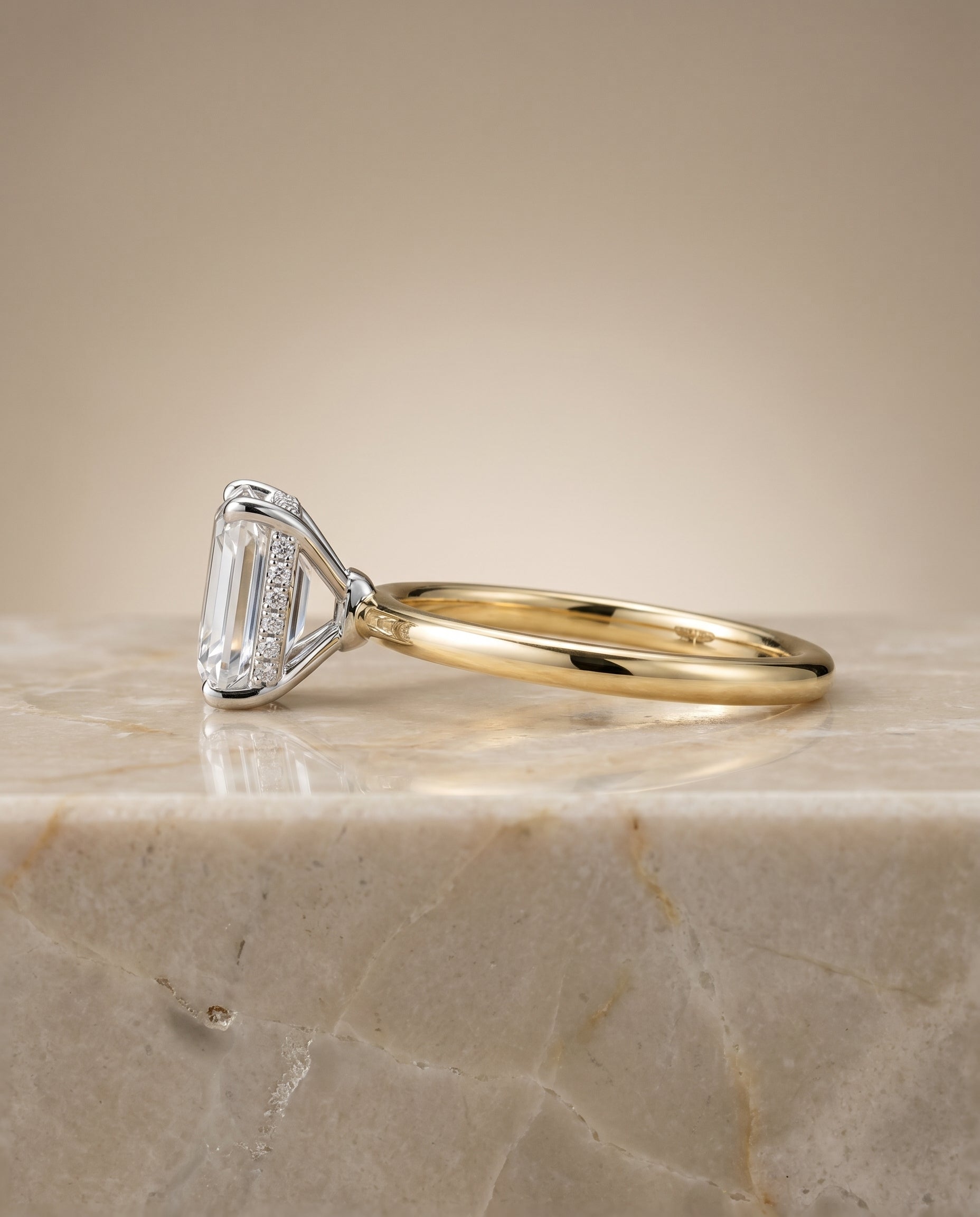 The Eartha upper hidden halo solitaire cut engagement ring setting, shown in 18K Yellow Gold | RockHer