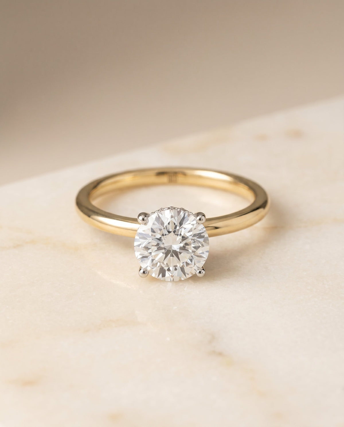 Eartha Select Upper Hidden Halo Solitaire Round Lab Diamond Engagement Ring in 18K Yellow Gold, alternate angle | RockHer