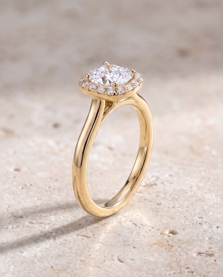 The Eddie Modern French Pavé Halo Cushion Cut Engagement Ring Setting in 18K Yellow Gold