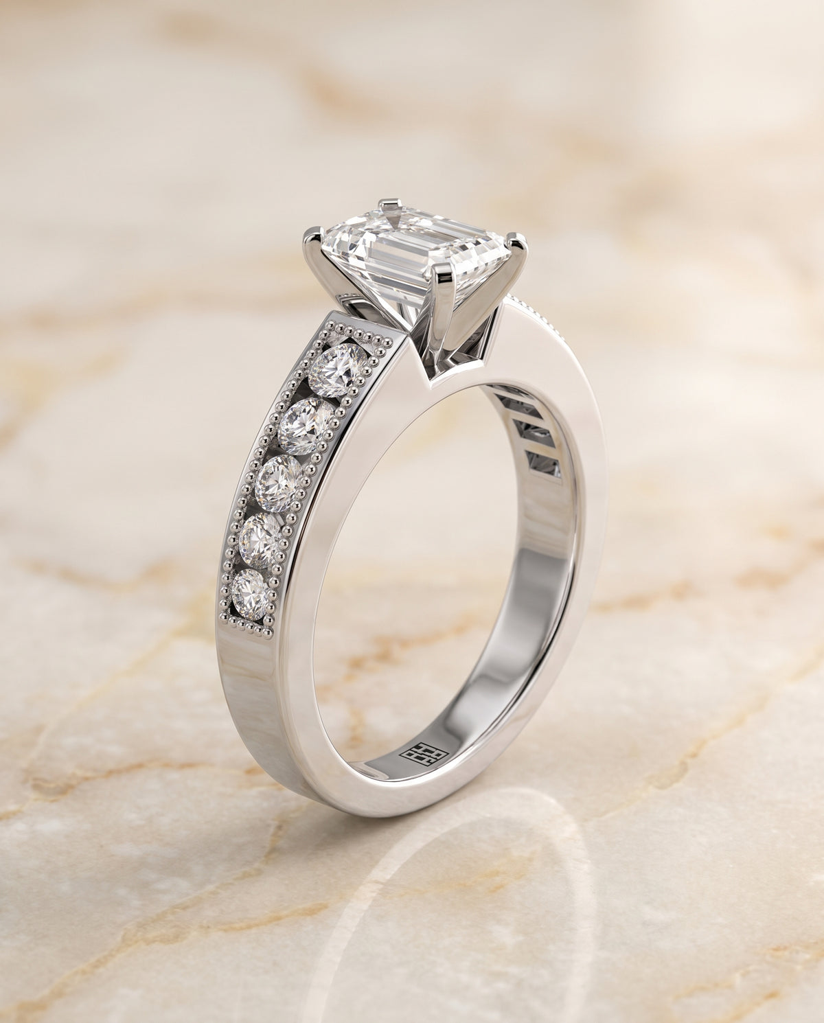 The Eleanor Antique Milgrain Channel Solitaire Emerald Cut Engagement Ring Setting in 18K White Gold