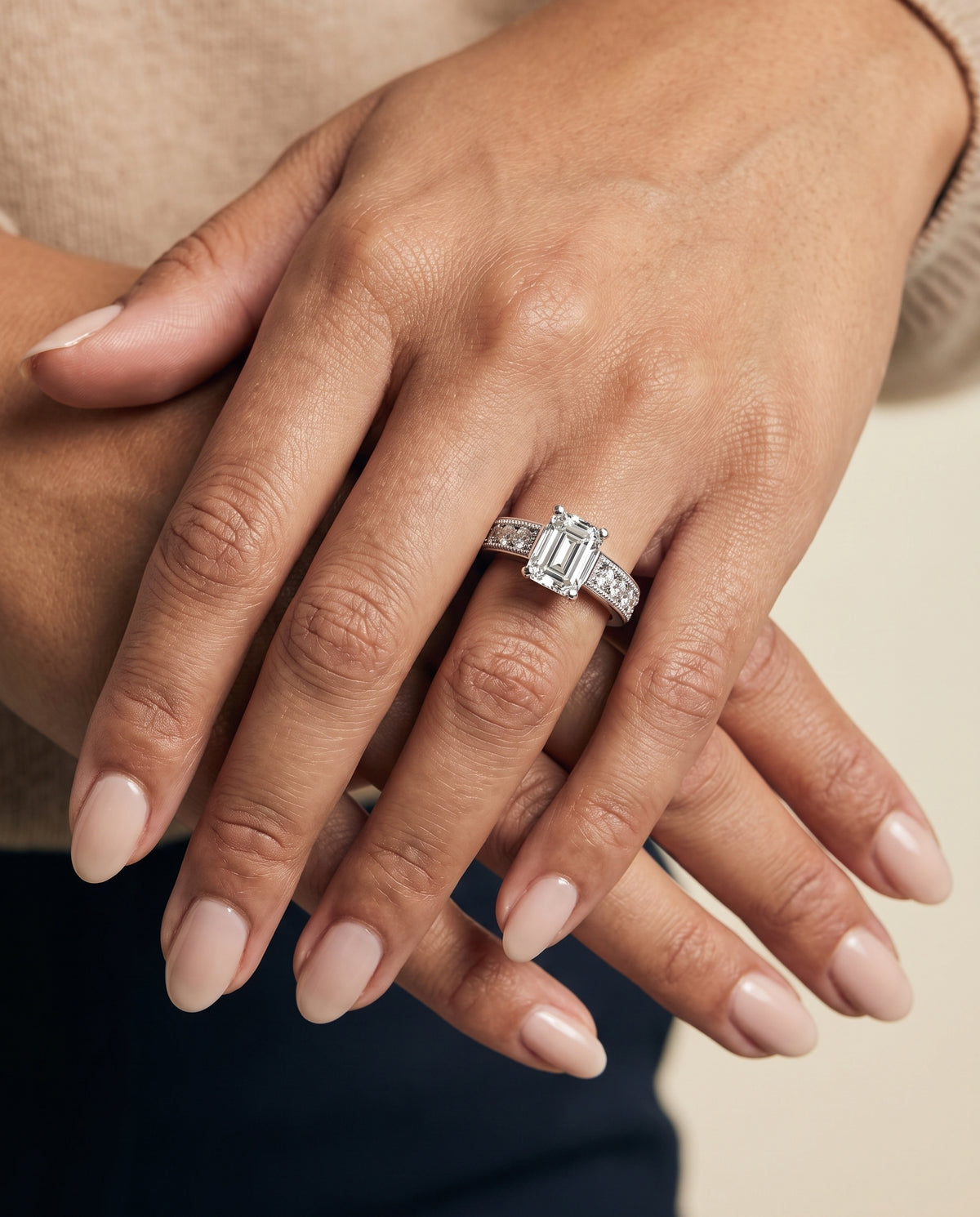 The Eleanor Antique Milgrain Channel Solitaire Emerald Cut Engagement Ring Setting in 18K White Gold