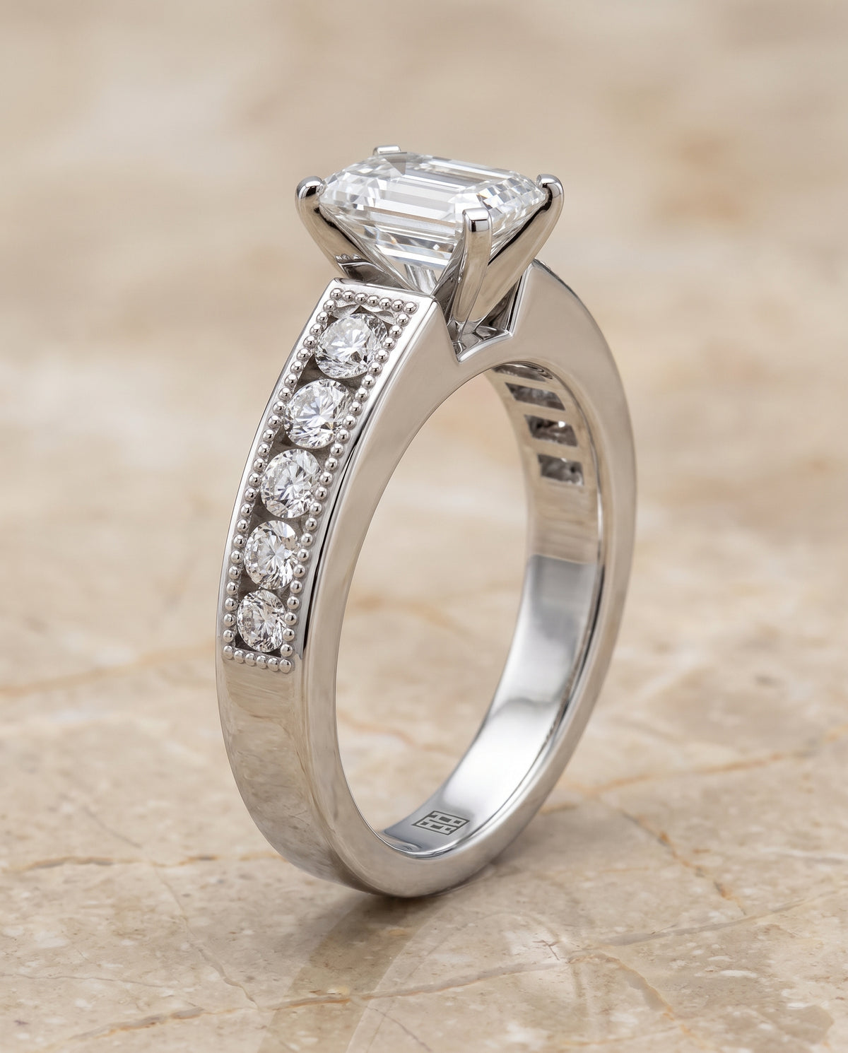 The Eleanor Antique Milgrain Channel Solitaire Emerald Cut Engagement Ring Setting in 18K White Gold