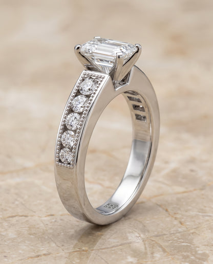 The Eleanor Antique Milgrain Channel Solitaire Emerald Cut Engagement Ring Setting in 18K White Gold