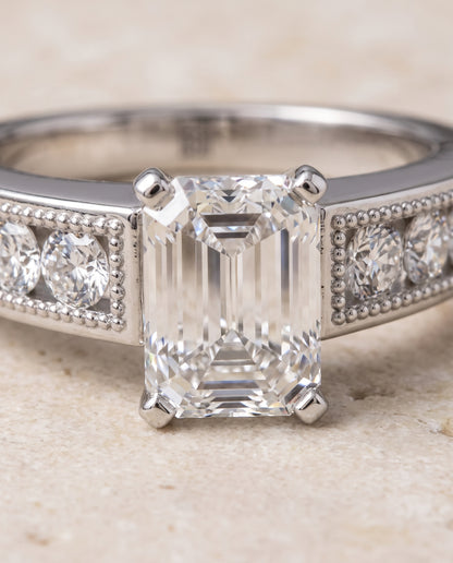 The Eleanor Antique Milgrain Channel Solitaire Emerald Cut Engagement Ring Setting in 18K White Gold