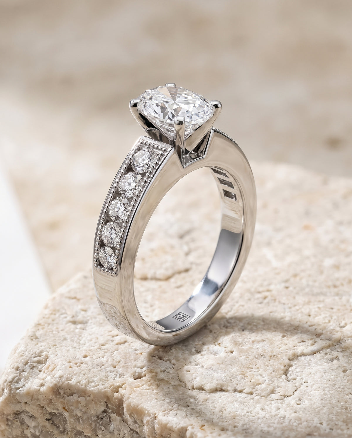 The Eleanor Antique Milgrain Channel Solitaire Oval Engagement Ring Setting in 18K White Gold
