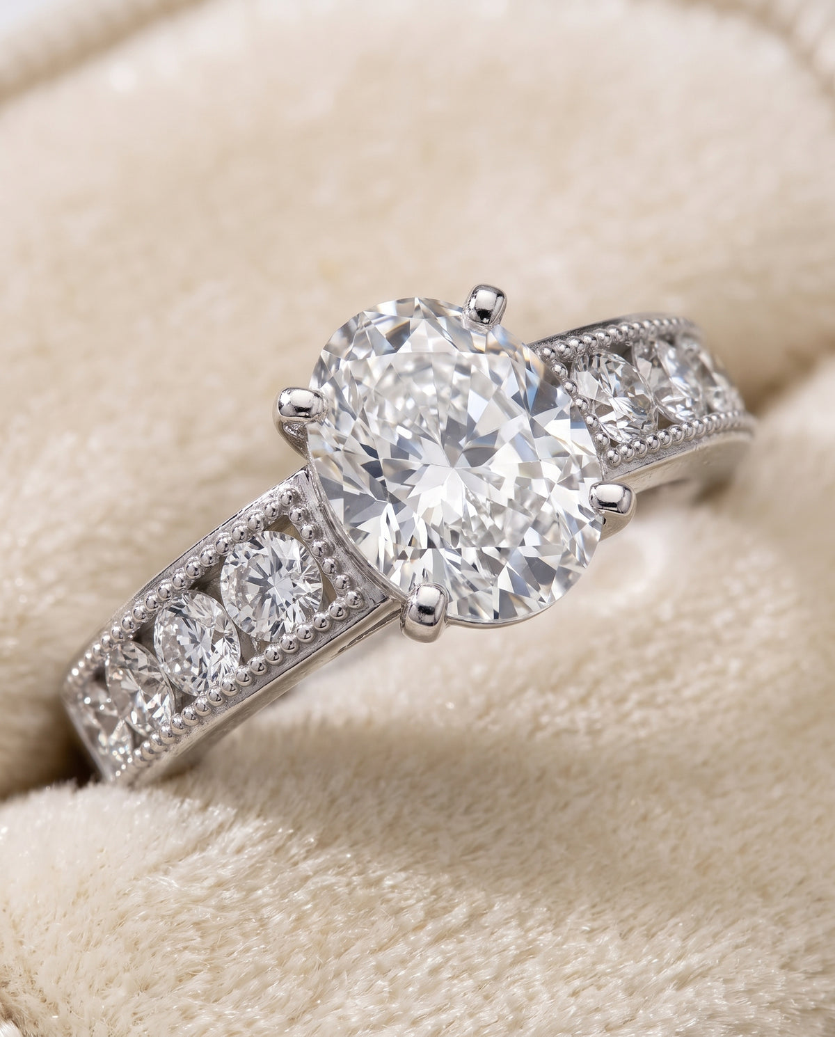 The Eleanor Antique Milgrain Channel Solitaire Oval Engagement Ring Setting in 18K White Gold