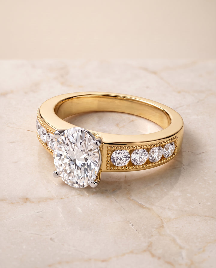 The Eleanor Antique Milgrain Channel Solitaire Oval Engagement Ring Setting in 18K Yellow Gold