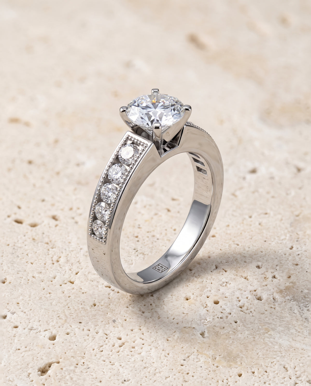 The Eleanor Antique Milgrain Channel Solitaire Round Engagement Ring Setting in 18K White Gold