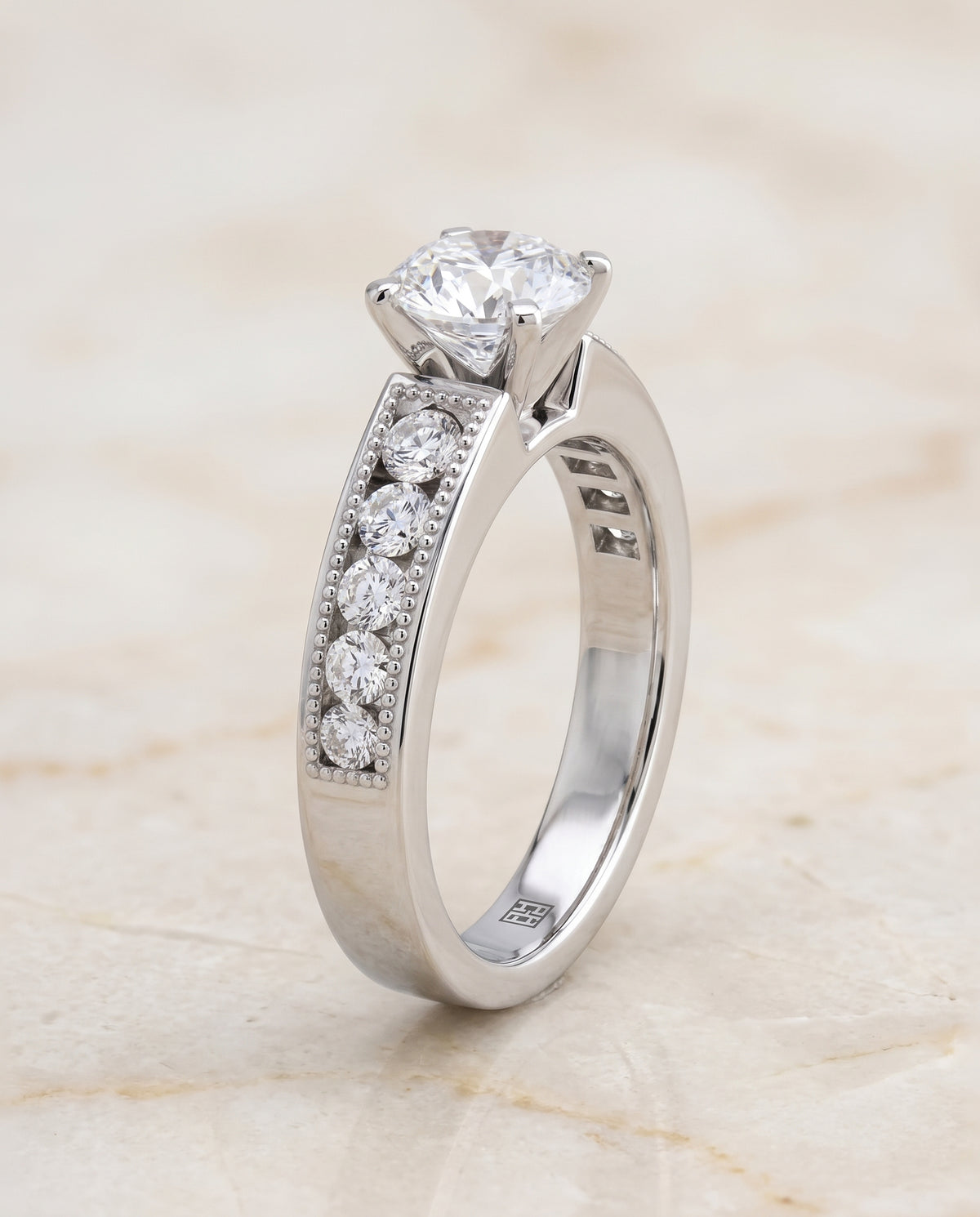 The Eleanor Antique Milgrain Channel Solitaire Round Engagement Ring Setting in 18K White Gold