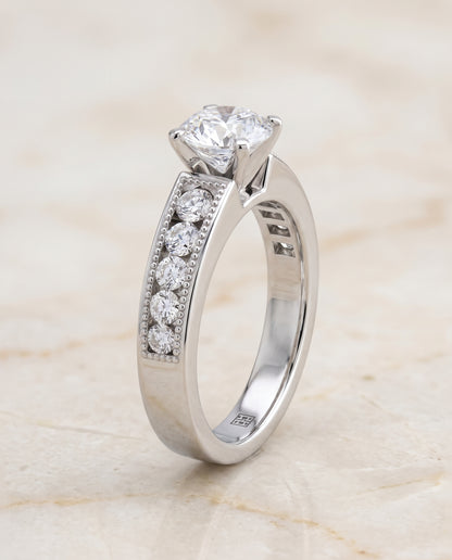 The Eleanor Antique Milgrain Channel Solitaire Round Engagement Ring Setting in 18K White Gold