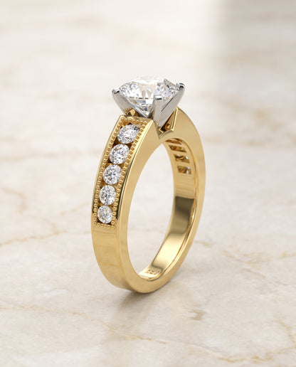The Eleanor Antique Milgrain Channel Solitaire Round Engagement Ring Setting in 18K Yellow Gold