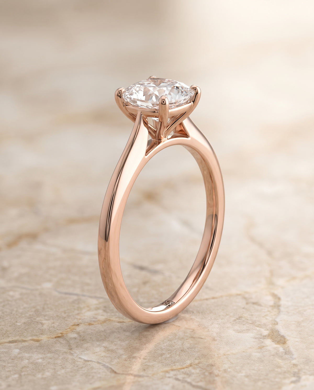 The Elena Timeless Graduated Beveled Shank Solitaire Cushion Cut Engagement Ring Setting in 14K Rose Gold