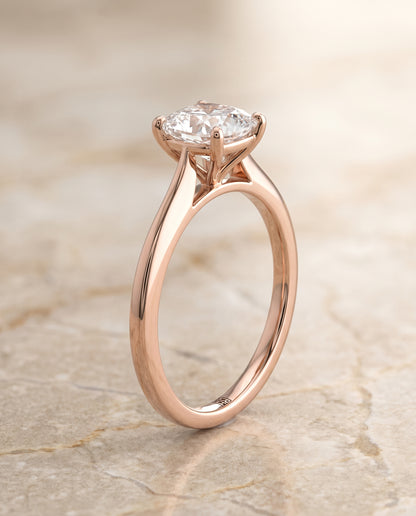 The Elena Timeless Graduated Beveled Shank Solitaire Cushion Cut Engagement Ring Setting in 14K Rose Gold