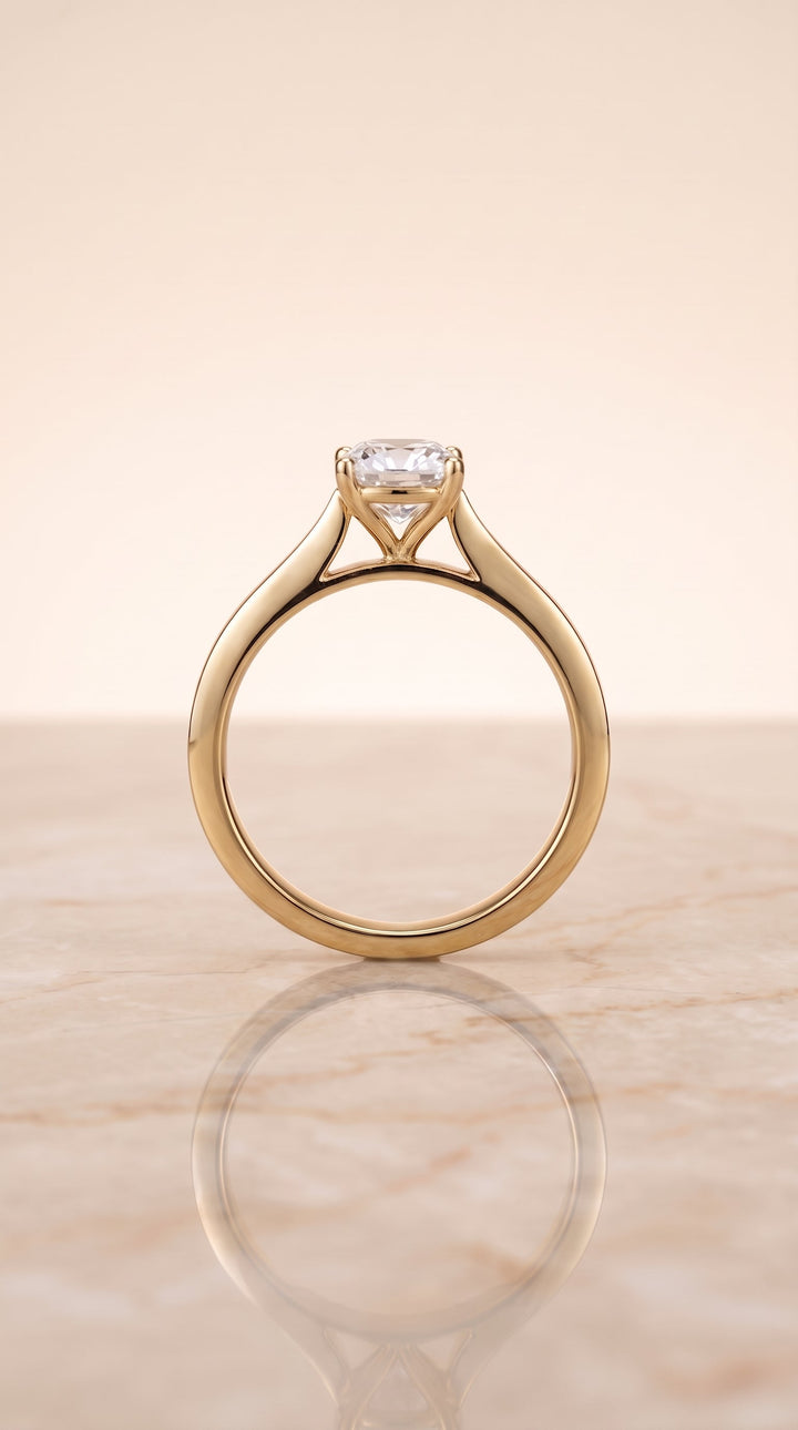 Elena Select Solitaire Cushion Cut Lab Diamond Engagement Ring in 18K Yellow Gold, side view | RockHer