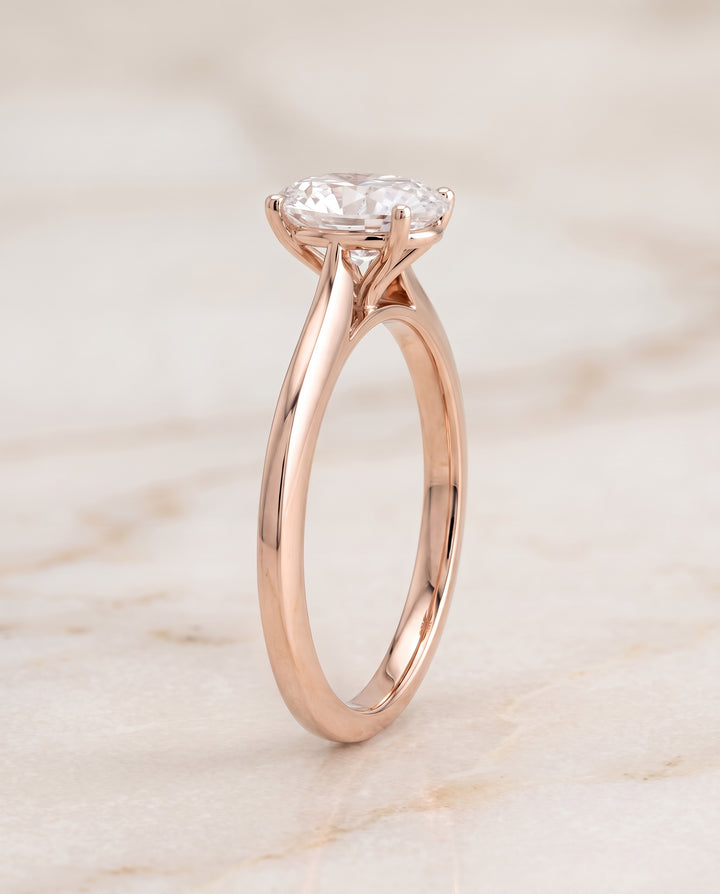 The Elena Timeless Graduated Beveled Shank Solitaire Oval Engagement Ring Setting in 14K Rose Gold