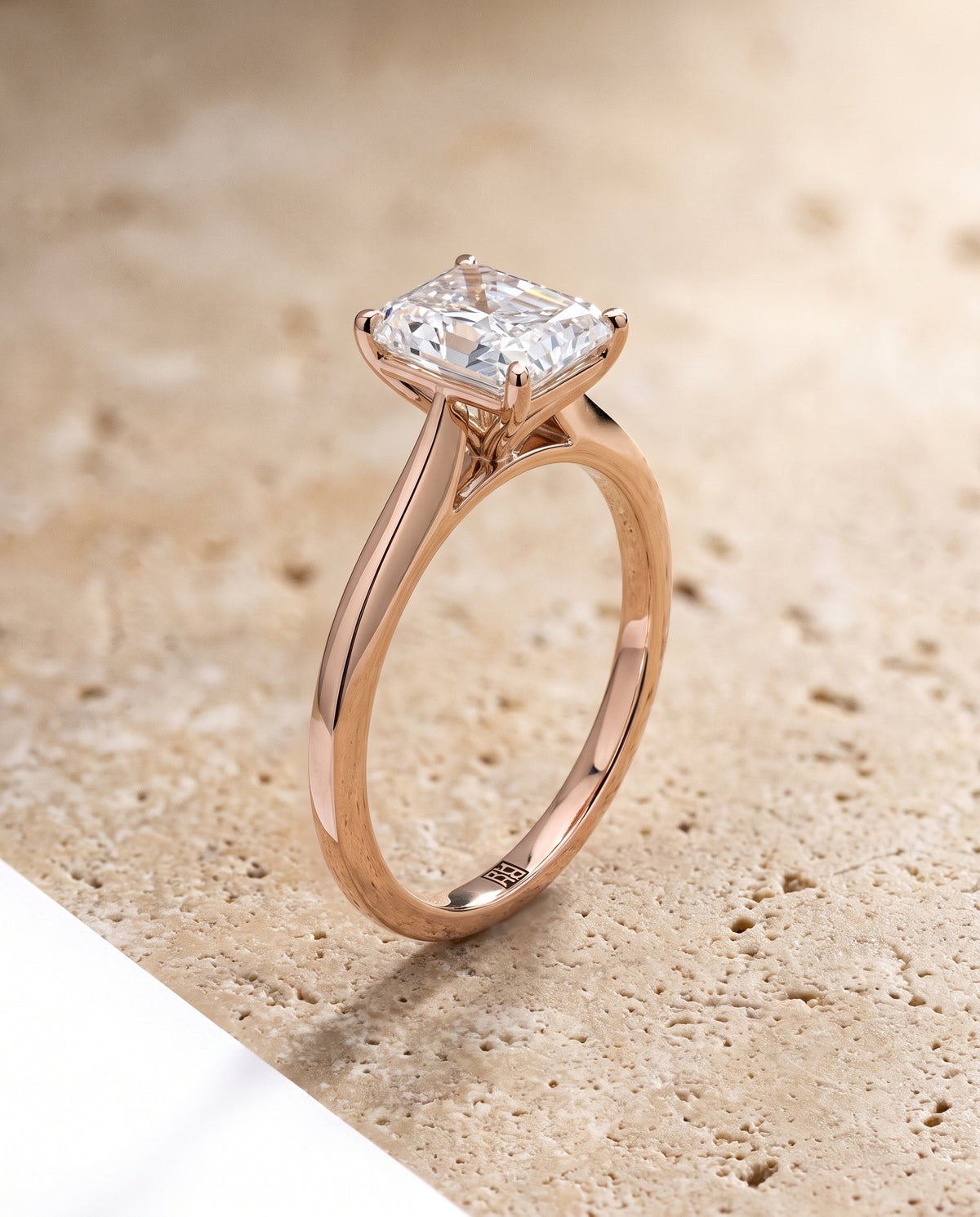The Elena Timeless Graduated Beveled Shank Solitaire Radiant Cut Engagement Ring Setting in 14K Rose Gold