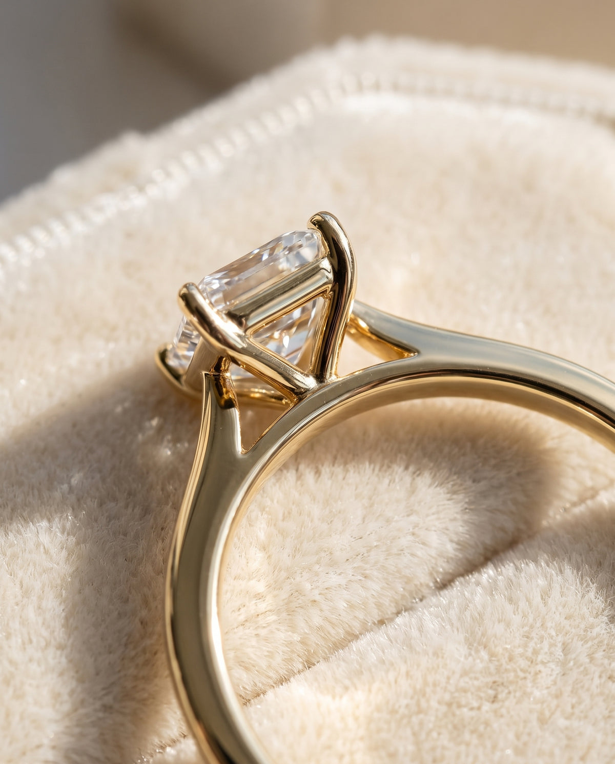 The Elena Timeless Graduated Beveled Shank Solitaire Radiant Cut Engagement Ring Setting in 18K Yellow Gold
