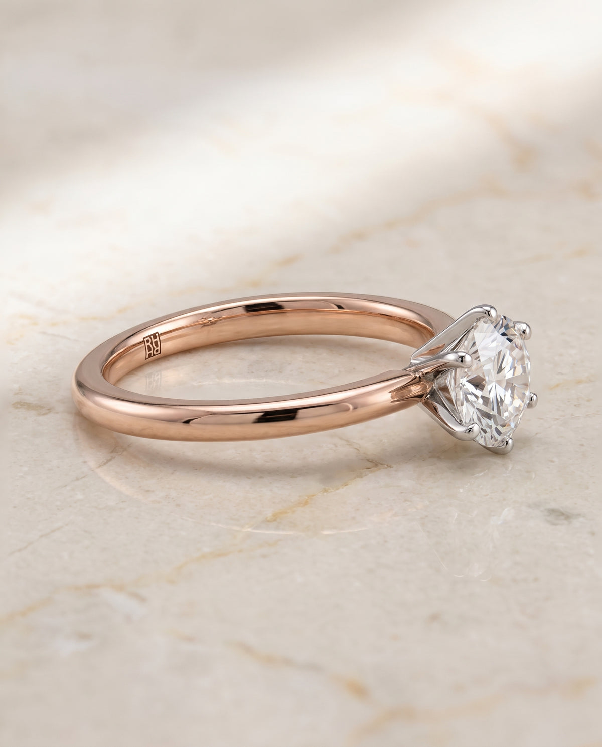The Elettra Timeless Comfort Fit Six Prong Solitaire Round Engagement Ring Setting in 14K Rose Gold