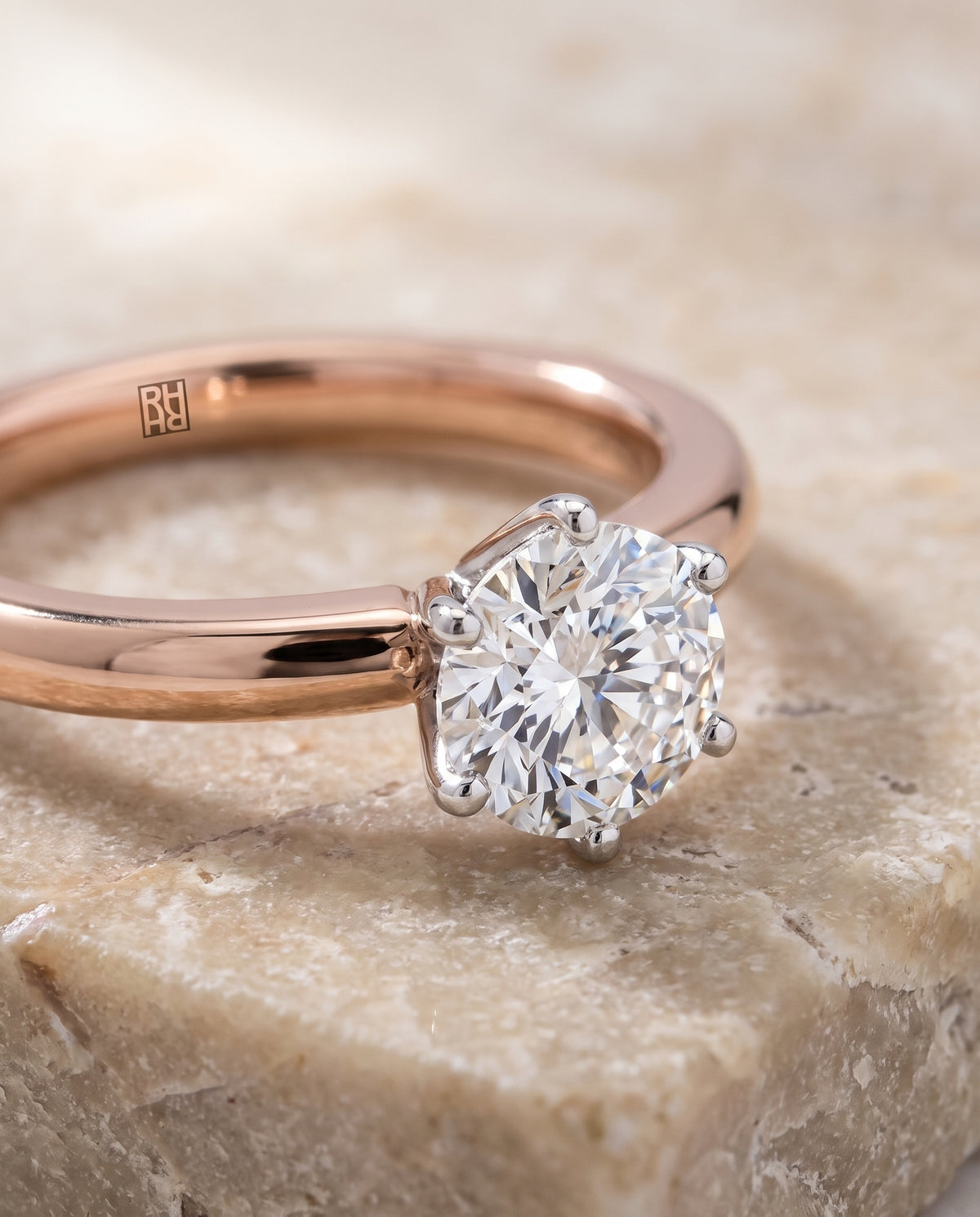 The Elettra Timeless Comfort Fit Six Prong Solitaire Round Engagement Ring Setting in 14K Rose Gold