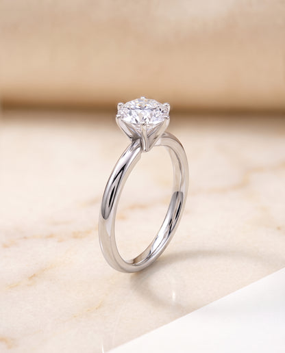 The Elettra Timeless Comfort Fit Six Prong Solitaire Round Engagement Ring Setting in Platinum