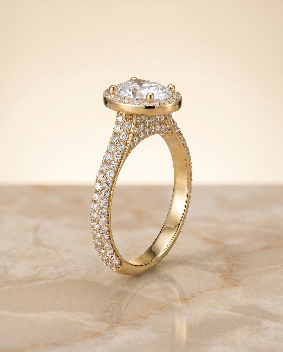Ella Select Halo Oval Lab Diamond Engagement Ring in 18K Yellow Gold, front view | RockHer