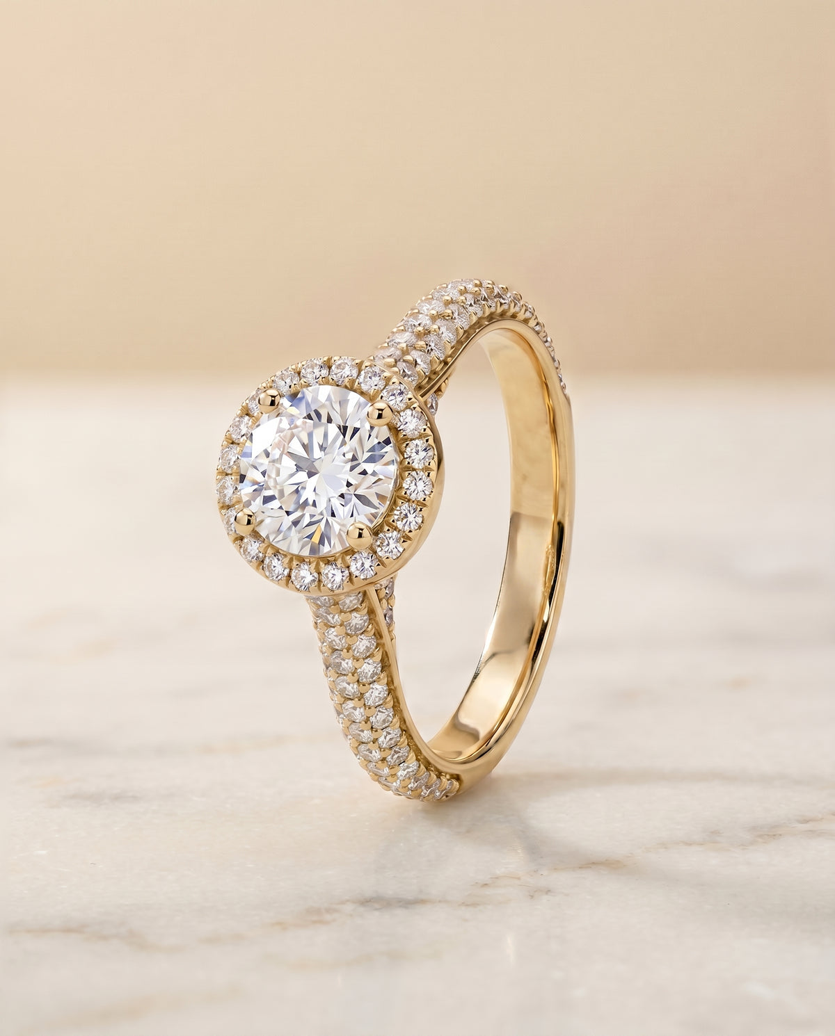 Micro Pavé Triple Row Halo styling on The Ella round engagement ring setting | RockHer